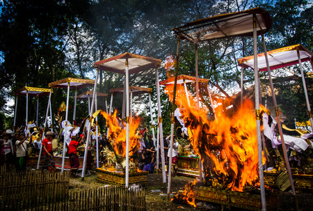 BALI, INDONESIA - AUGUST 20 : Public cremation ceremony. Sculpture of  bulls  get burnt on August 20,2016 at Ubud in Bali,Indonesia .This is Hindu ceremony.のeditorial素材