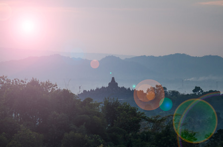 Borobudur sunrise view from Setumbu Hill.の写真素材