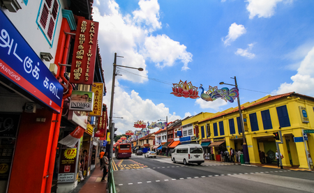 SINGAPORE-AUGUST 31:Colorful facade of building  in Little India, Singapore on August 31,2016. Little India is an ethnic neighborhood in Singapore that has Tamil cultural elements and aspects. Colorful urban conceptのeditorial素材