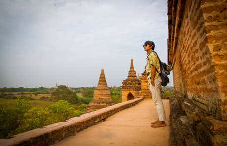 Traveller enjoy view of Bagan pagoda.の写真素材