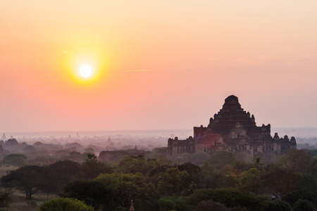 Scenic sunrise above Bagan in Myanmarの写真素材
