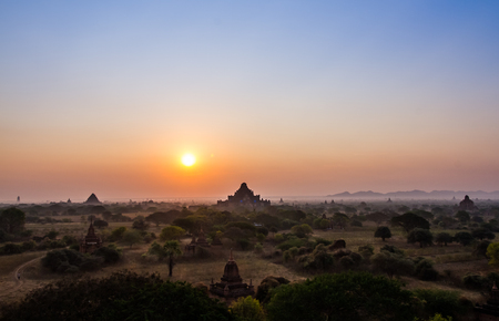 Scenic sunrise above Bagan in Myanmarの写真素材