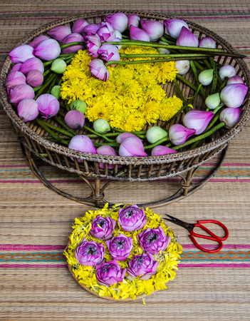 Flower decoration by marigold flower and lotus.の写真素材