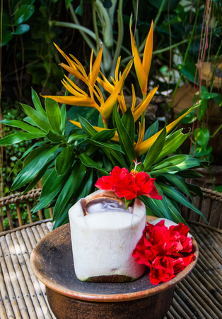 Coconut yelly in coconut bowl.の写真素材