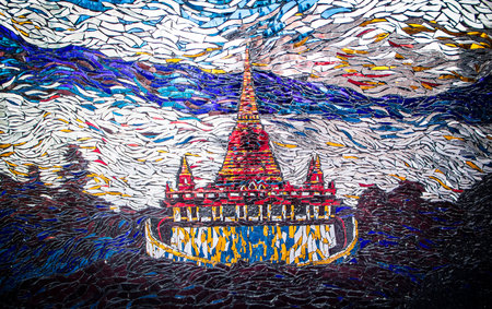 Broken glasses decoration wall as pagoda  in buddhist temple.のeditorial素材