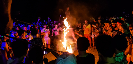 PHANGAN ISLAND,SURAT THANI,, THAILAND-NOVEMBER 22, 2018:Tourist enjoy Full moon party all night at Haad Rin beach in Phangan island,Surat Thani,Thailand.This party will happen every month in the full moon day.のeditorial素材