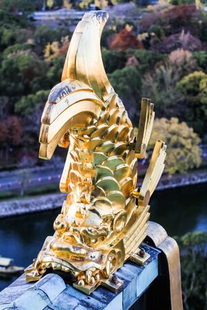 Golden fish statue decorated on Osaka castle.の写真素材