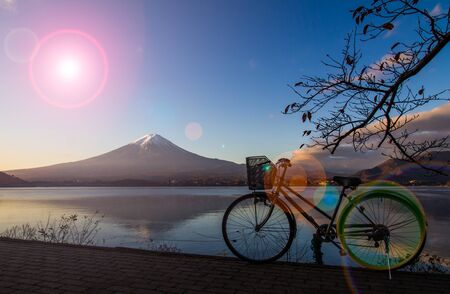 Mt.Fuji view from Kawaguchiko lake with bicycle foreground.の写真素材
