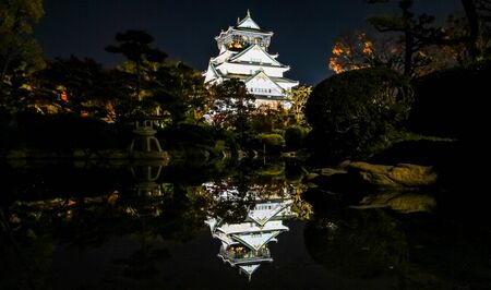 Reflecton of Osaka castle in the pond at night.のeditorial素材