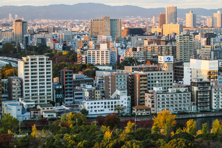 OSAKA,JAPAN-NOVEMBER 29,2019:Osaka city in autumn view from the top of Osaka castle.Osaka city is...