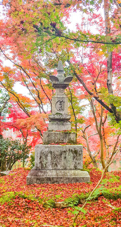 Stone carving in Eikando Zenrinji temple in autumn.