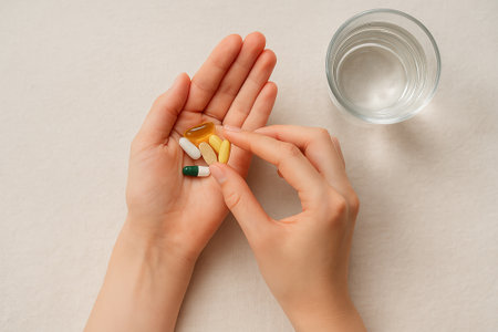 Female hands holding pills and glass of water on light background, top viewの素材