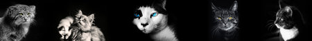 A dark collage with portraits of cats is black and white.の写真素材