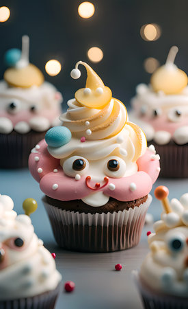 Funny cupcakes decorated with frosting and sprinkles on a dark backgroundの写真素材