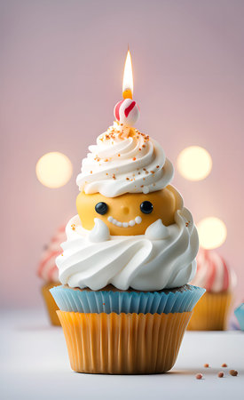 Birthday cupcake with burning candle on color background, closeupの写真素材