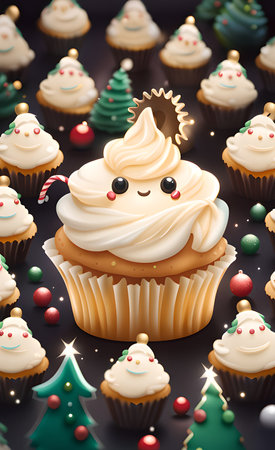 Christmas cupcakes on a black background, 3d illustration, horizontalの写真素材