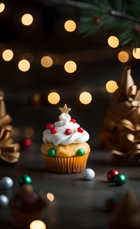 Christmas cupcake with decoration and bokeh lights on dark backgroundの写真素材