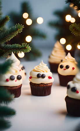 Christmas cupcakes decorated with white frosting, pine branches and bokehの写真素材