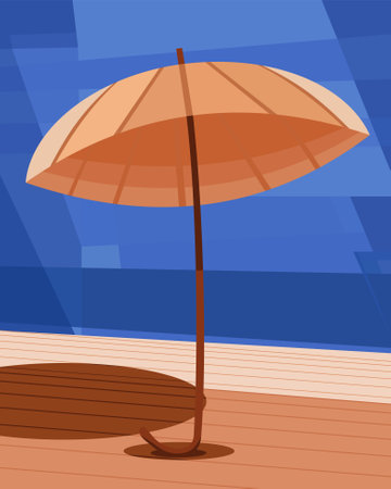 Vector illustration of a beach umbrella on a wooden deck against a blue backgroundのイラスト素材