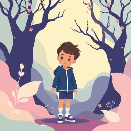 A boy in a tracksuit stands in the forest, illustrationのイラスト素材