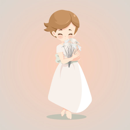 A girl in a white dress, bare legs and a bouquet of white flowers, vector graphics.のイラスト素材