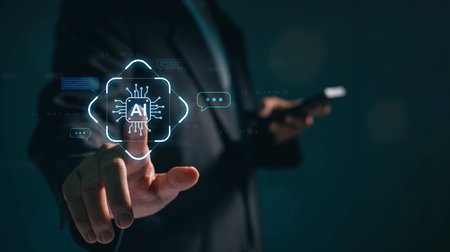 Business man using digital chatbot application Artificial Intelligence (AI) at home for online...