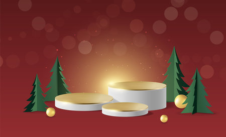 Abstract elegant mock up scene. geometry gold podium shape for show product display. stage pedestal or platform. winter Christmas red background with tree xmas. 3D vectorのイラスト素材