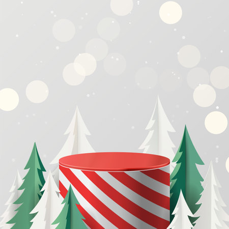 Abstract minimal mock up scene. geometry red podium shape for show cosmetic product display. stage pedestal or platform. winter christmas white background with tree xmas. 3D vectorのイラスト素材