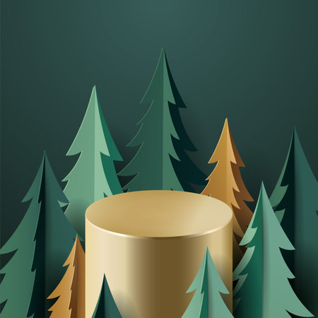 Abstract elegant mock up scene. geometry gold podium shape for show product display. stage pedestal or platform. winter Christmas green background with tree xmas. 3D vectorのイラスト素材