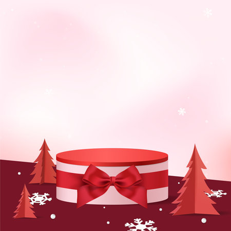 Abstract minimal mock up scene. geometry pastel color podium shape for show cosmetic product display. stage pedestal or platform. Christmas white background with tree xmas and red ribbon. 3D vectorのイラスト素材