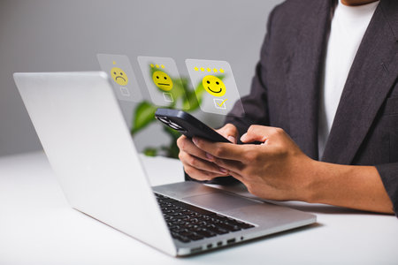 Product or service review ideas from customers, writing reviews from customers who use the products and services of the store to express their satisfaction and increase the credibility of the store.の写真素材