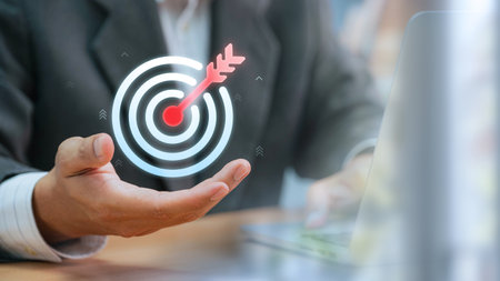 Corporate Development and Global Business Leadership, Charting a Course for Success. Businessman touching goal and arrow icon for corporate development and global business leadership, strategy.の写真素材