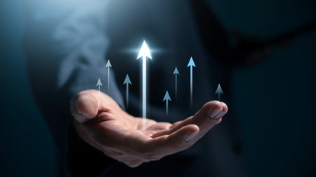 Hand pointing growth arrow success business target background of up icon direction development graph or investment finance profit stock market chart symbol and goal achievement on economy marketing.の写真素材