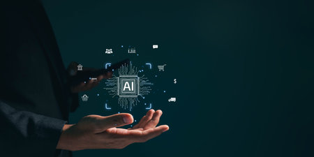 a businessman uses online customer data exchange and analysis with a chat bot. Artificial intelligence and CRM software technology, a customer service centre.の写真素材