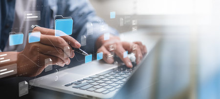 Document management system concept, business man searching folder and document icon software,...