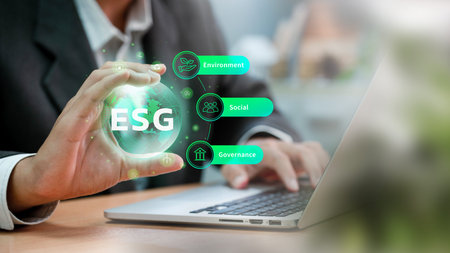 ESG Environmental Social Governance concept. Business investment analysis model. Socially...