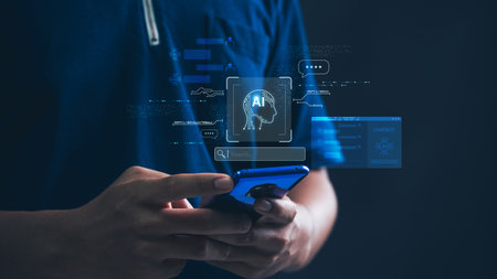 Businessman using Chatbot and Artificial Intelligence  for Advanced Data Analysis in a Modern Workspace for Enhanced Business Strategy and Innovation.の写真素材