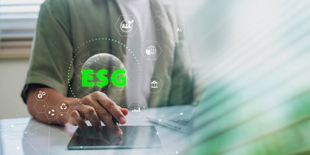 ESG Framework in Corporate Sustainability, Business Professional Interacting with Digital Interface Highlighting Environmental, Social, and Governance Practices for Responsible Growthの写真素材