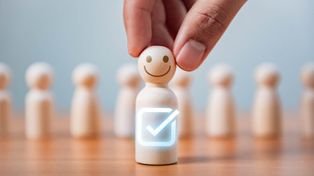Recruitment and Leadership Selection, A hand pick a smiling wooden figure with a glowing checkmark, symbolizing recruitment, employee selection, customer satisfaction, leadership, or personal success.の写真素材