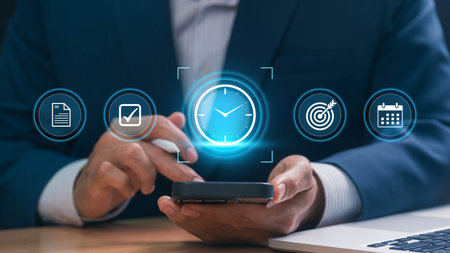 Time Management and Business Productivity Concept with Clock, Calendar, Goal Setting, Checklist, and...