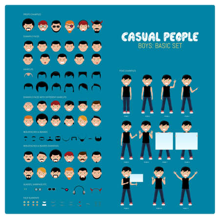 Set of casual people with emotions, facial hair and posesのイラスト素材