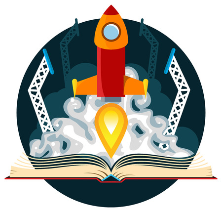 Book with a sci-fi scene of a rocket lauchのイラスト素材