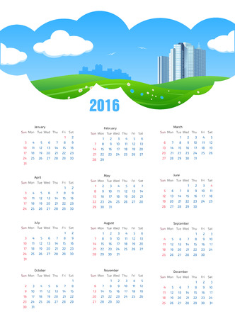 Summer Theme 2016 Calendar with Grass, Flowers and City Skylineのイラスト素材