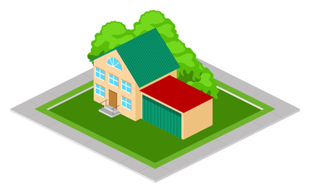 Isometric family house with garage on green lawn with treesのイラスト素材