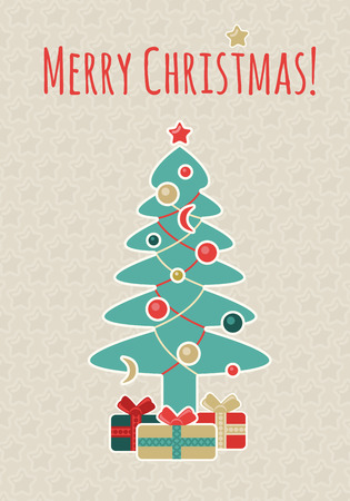 A retro christmas card design with a decorated tree and presentsのイラスト素材