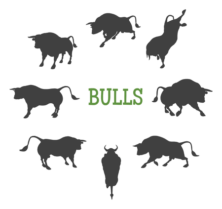 Set of 8 different bulls silhouettes in various idle and moving posesのイラスト素材