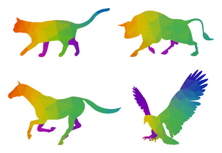A modern multicolored logo templates for cat, bull, running horse and flying eagle