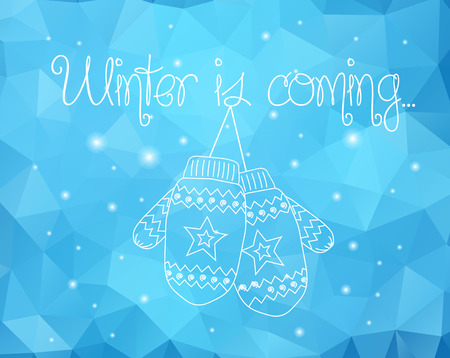 Two doodle mittens on abstract background in blue colors of winter, ice, cold, snow and water with sparklesのイラスト素材