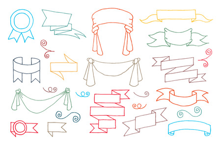 Set of doodle banners, scrolls, shapes, twirls and other retro elementsのイラスト素材