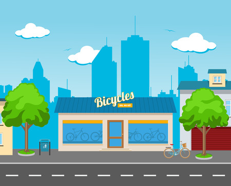 A bicycle shop in a big city street with bikes in the windowsのイラスト素材